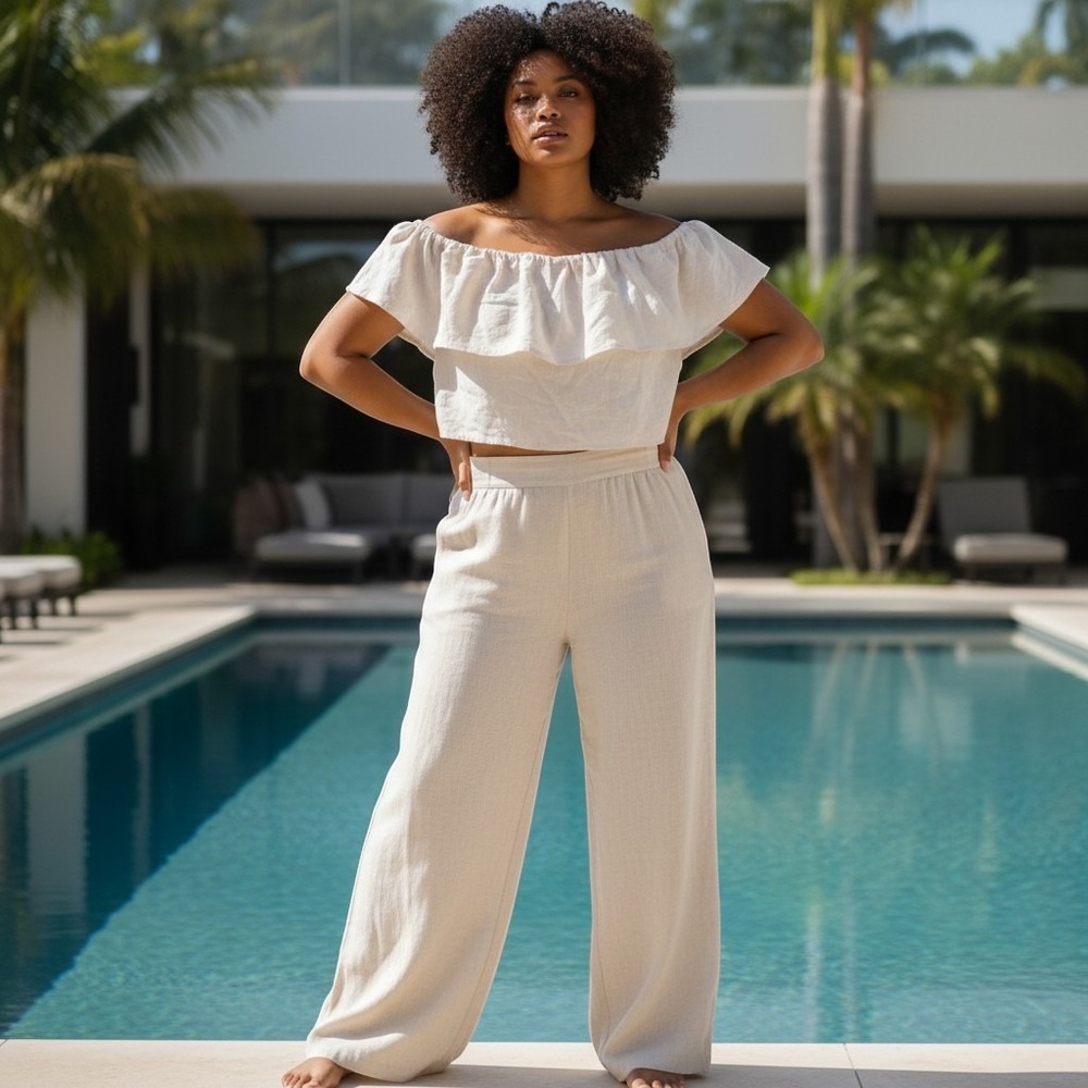NWT, A New Day Womens XL White Linen Blend Ruffle Off the Shoulder Crop Top